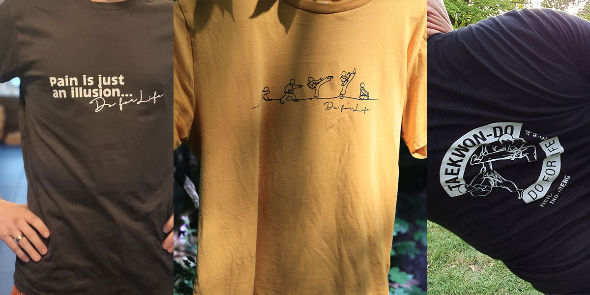 Abbildung von drei Shirts mit den Aufdrucken "Pain ist just an Illusion", "Do for Life" und unserem Logo